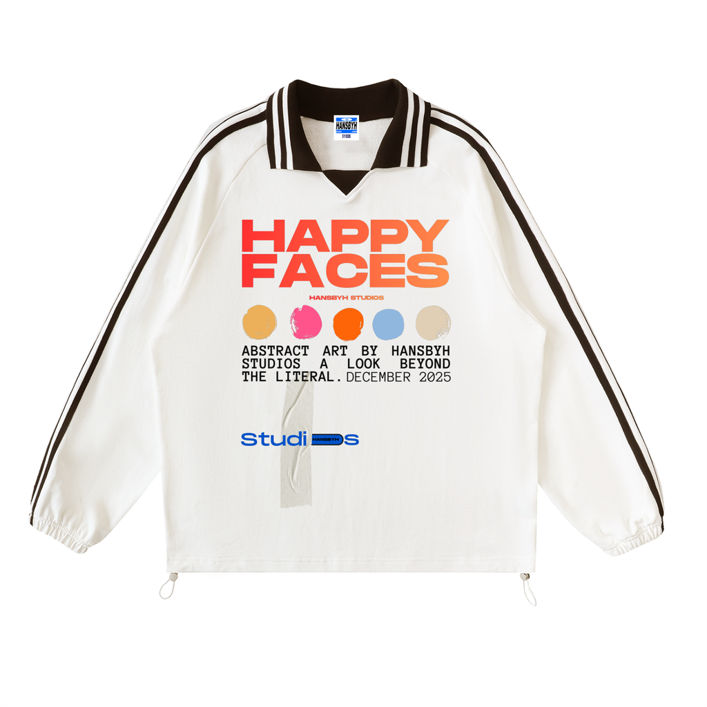 "HAPPY FACES" Contrast Striped Lapel Collar Sweatshirt