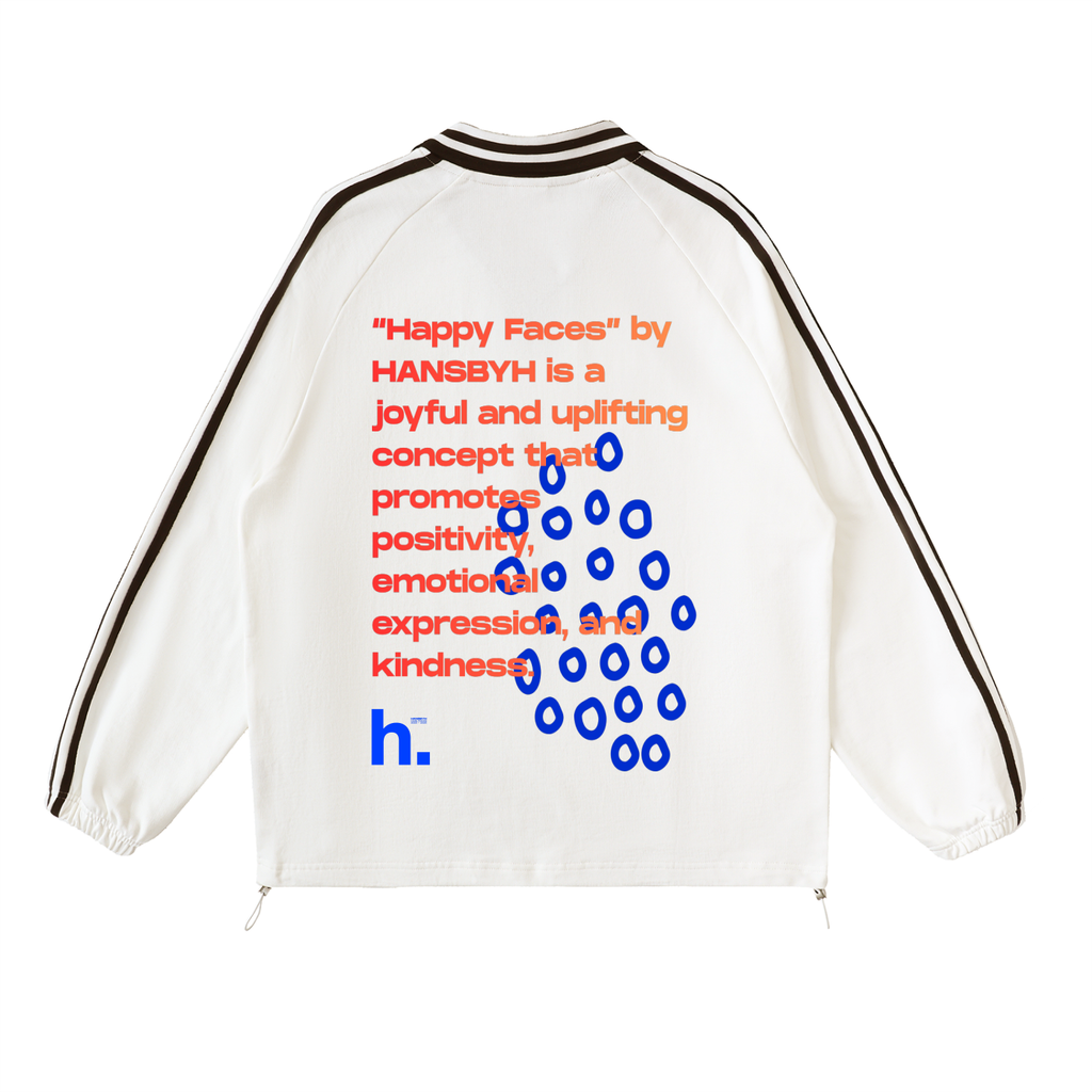 "HAPPY FACES" Contrast Striped Lapel Collar Sweatshirt