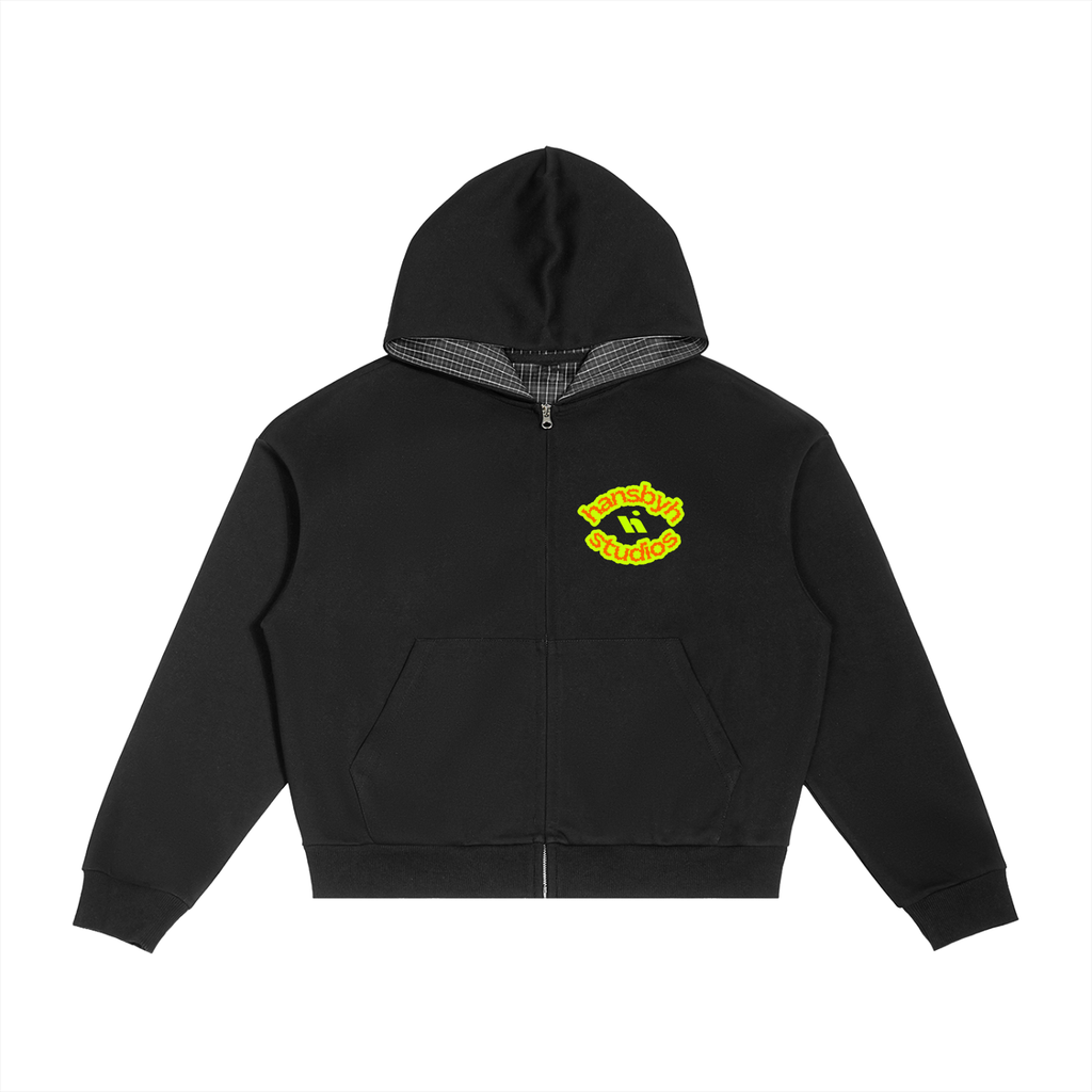 Contrast Plaid Boxy Zip Hoodie