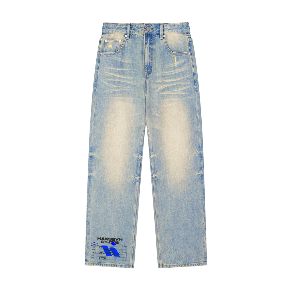 "HANSBYH" Sun Fade Raw Hem Denim Jeans