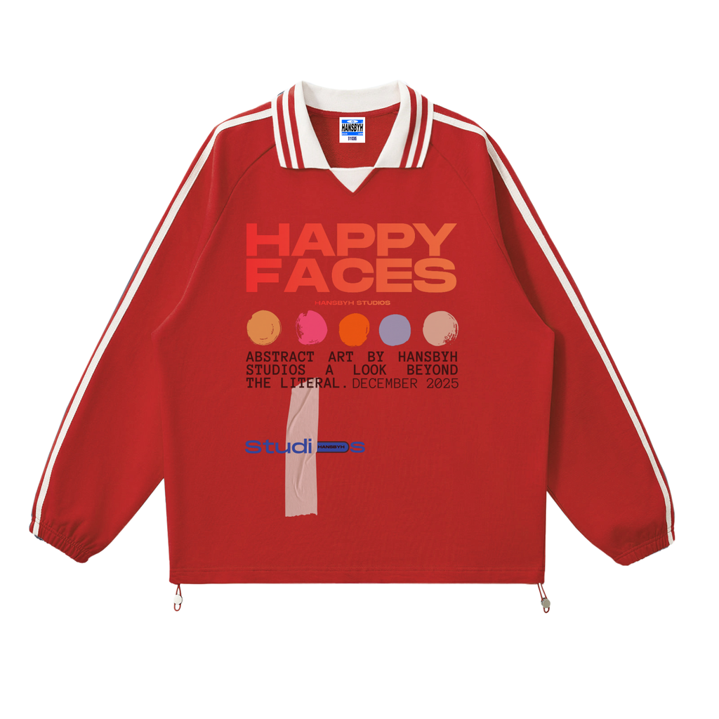 "HAPPY FACES" Contrast Striped Lapel Collar Sweatshirt