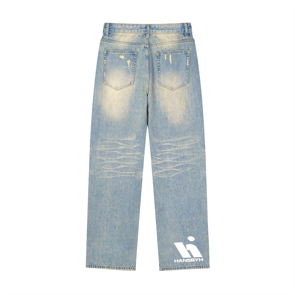 "HANSBYH" Sun Fade Raw Hem Denim Jeans